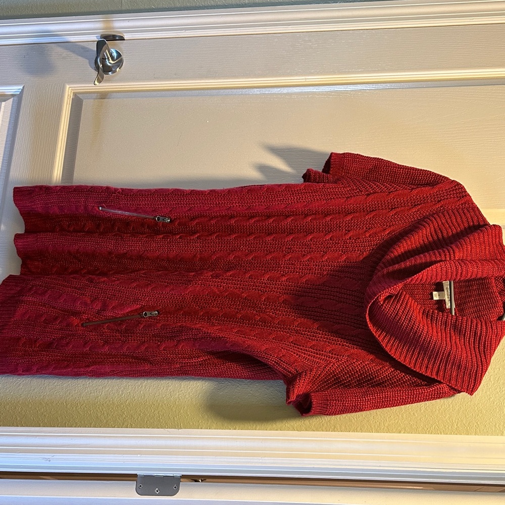 Red Knit Short Sleeve Cowl Neck Sweater Dress with Zipper Accents